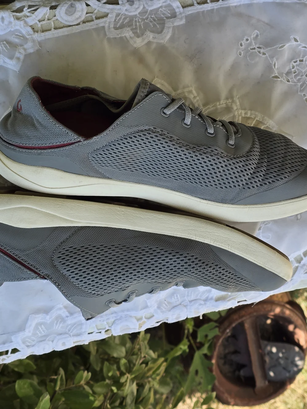 OluKai Moku Pae Mesh Grey Men's Casual Boat Shoes, Drop In Heel, No Tie Laces 12